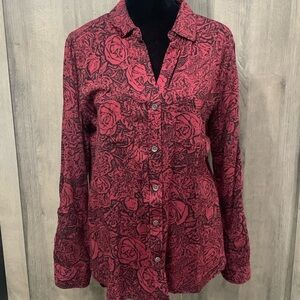 Rock & Republic Deep Red Rose Patterned Long Sleeve Blouse Women's Size S